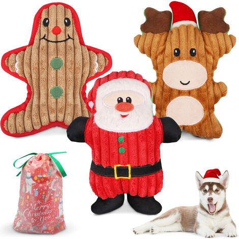 Peluche de Noël Interactive Dog Squeaky Toys Cadeau de Noël pour Petit Moyen Grand Animal inclus Ginger Man Reindeer Santa Claus, 3 Pcs Set (1/5)