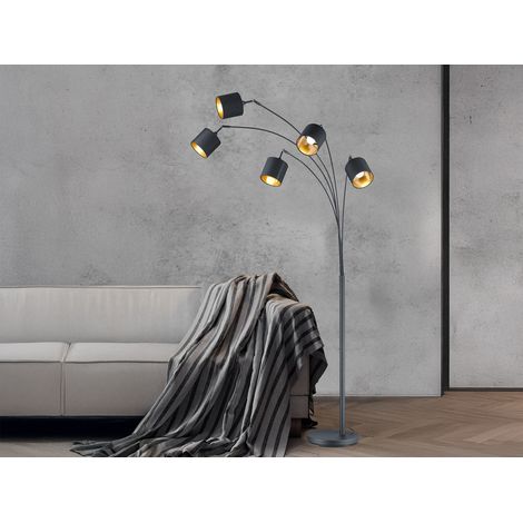Stehlampe TOMMY gebogen 5-flammig Stoffschirme Schwarz Gold, Höhe 200cm (1/5)
