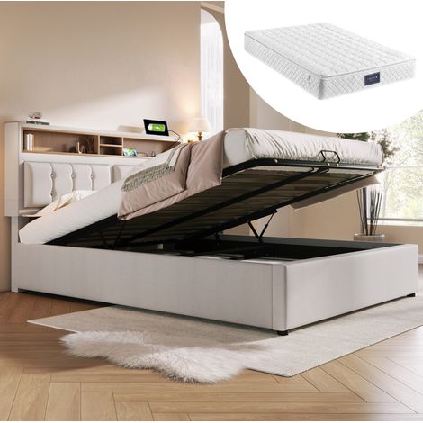 Letto contenitore 140x200 con materasso, testiera regolabile e prese USB-C, in lino beige DESVIAE (1/5)