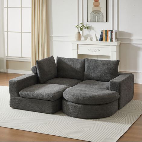 Sofá modular con chaise longue gris en chenilla con cojines dobles y sin montaje (1/5)