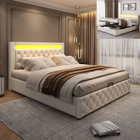 Lit rembourré 160x200 cm - GUTENT - Éclairage LED - Rangement - Blanc (1/5)