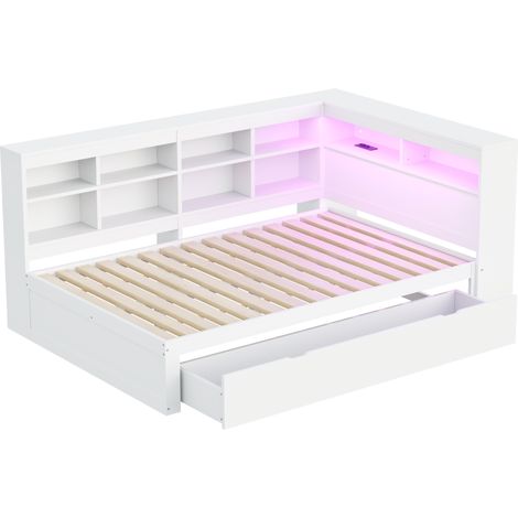 Cama doble 140 x 200 cm con almacenaje, cajones, USB e iluminación LED, blanca (1/5)