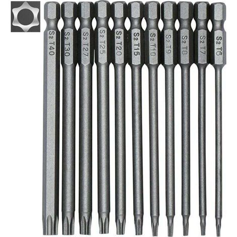Set mit 11 langen Torx-Bits, 100 mm – 1/4"-Sechskantschaft – Größen T6 bis T40 – S2-Legierungsstahl – Magnetische Bits für Schraubendreher (1/5)