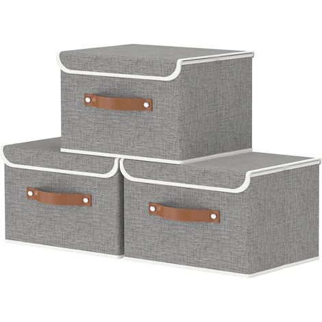 Lot de 3 Boîte de Rangement, Pliable avec Couvercle, Tissu Robuste, Poignées Cuir, Pour Vêtements Serviettes
