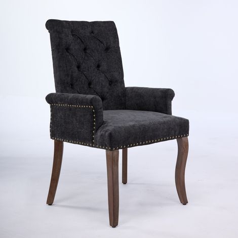 Chaise de salle à manger capitonnée en tissu chenille grise à accoudoirs avec pieds en bois massif courbés (1/5)