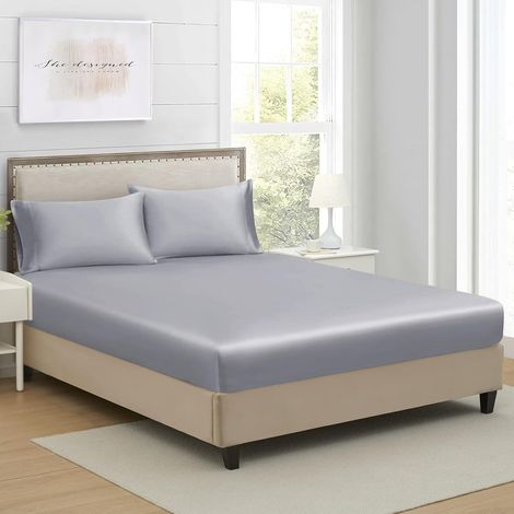 Drap Housse 140x190cm Gris Satin Bonnet 30 cm Microfibre Motif Parure Drap de lit Soie Drap-Housse 140 x 190cm Uni Lisse Respirant pour Matelas Épais (1/5)