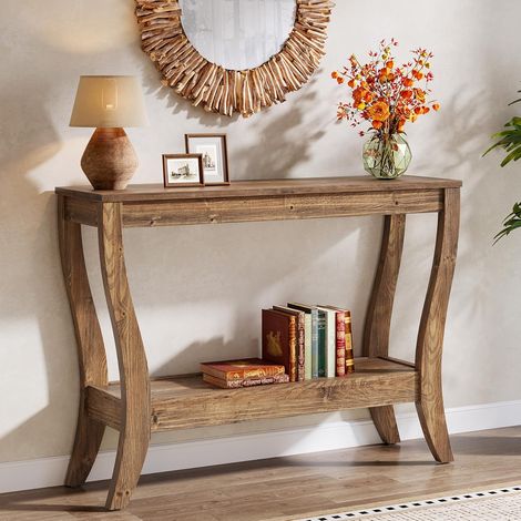 Solid Wood Console Table With Storage, 41.3-Inch Farmhouse Entryway Table With Shelf, 2 Tier Wooden Sofa Table For Living Room Hallway Foyer, Brown (1/5)