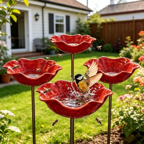 Abreuvoir à oiseaux en métal à motif floral, piquet de jardin artisanal, résistant à l'hiver, pour oiseaux et insectes, abreuvoir à abeilles pour jardin et terrasse, rouge, lot de 4