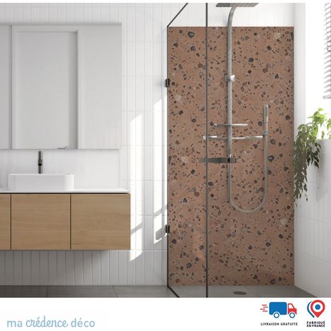 Panneau de douche : Terrazzo Pierre de Lune - Couleur Sépia - Alu composite - 90 - 245 (1/3)