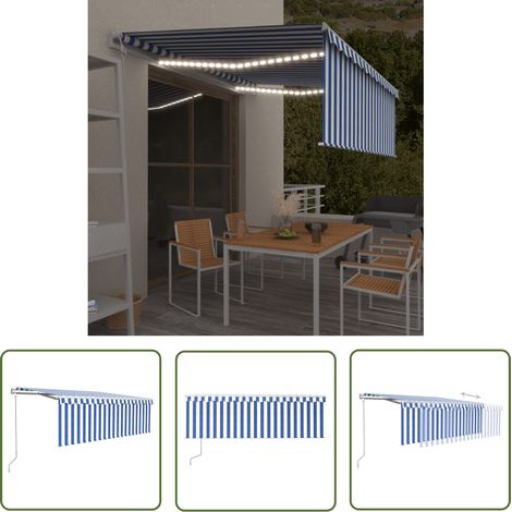The Living Store Markise Automatisch mit Rollo LED Windsensor 4,5x3m Blau Weiß - Outdoor-Markise - Sonnenschutz - Markise Elektrisch - Markise Mit Windsensor - Markise Mit LED (1/5)