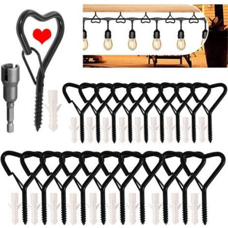 Lot de 20 crochets à visser avec boucle de sécurité, crochets pour lumières extérieures, crochets muraux pour suspendre plantes, tasses, carillons, pots de fleurs (type cardioïde noir) (1/4)