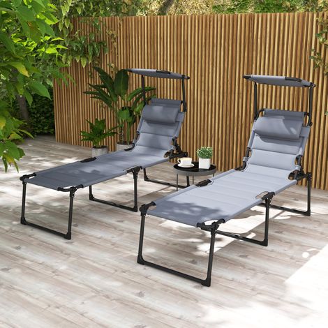 Lot de 2 Bains de soleil transats pliables grand confort dossier pare-soleil réglables multi-positions. gris
