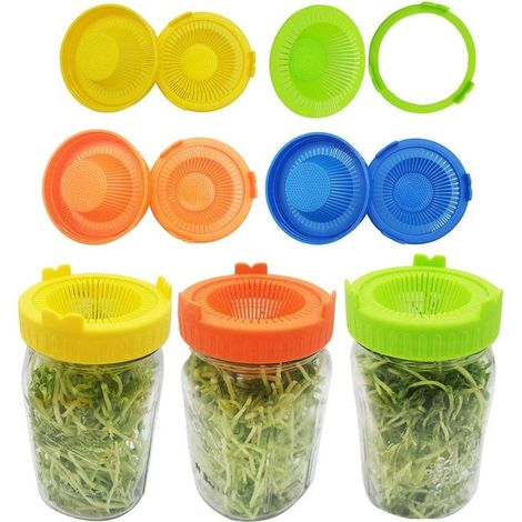 Couvercles de germination faciles à rincer et à égoutter pour bocaux à large ouverture - Couvercle passoire pour germoir - Kit de germination pour haricots mungo - Lot de 4 - Jaune (1/5)