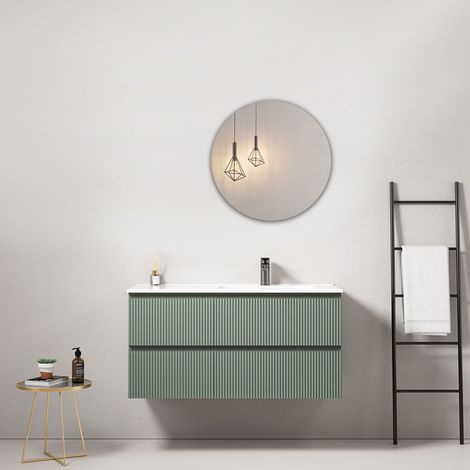 Mobile bagno sospeso cannettato 100 cm Verde Salvia Lavabo a Destra in Ceramica Specchio Tondo - Fiji Paint (1/4)