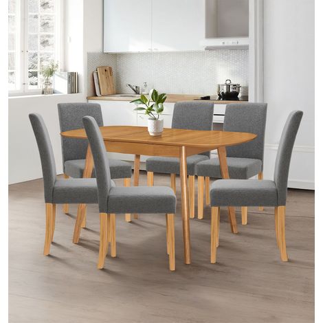 Hallowood Furniture Aston Extending Dining Table and Chairs Set 6, Butterfly Leaf Wooden Kitchen Table and Grey Fabric Straight Back Chairs, Dining Room Sets for Home and Cafe (1/5)