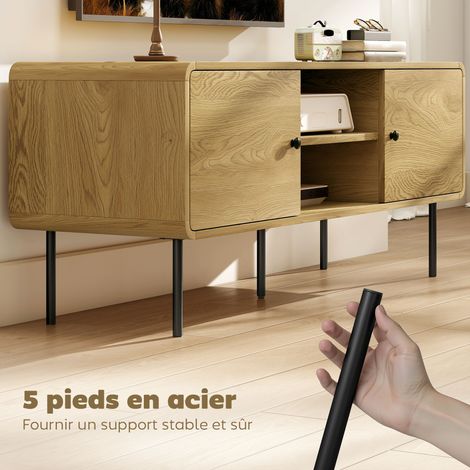Meuble TV, meuble télé jusqu'à 55 pouces avec 2 portes, 2 compartiments ouverts, pieds en acier, 120x40x50cm, chêne (1/5)