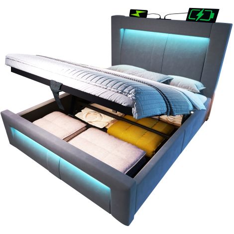 Einzelbett  mit Stauraum, hydraulisches Bett, LED-Beleuchtung mit App-Steuerung, USB- & Type-C-Ladeanschlüsse, Samt, Kopfteil mit gebogenem Design,ohne Matratze