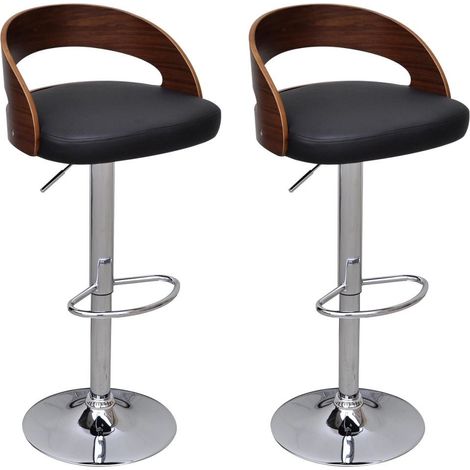 Chaise de bar bois noyer et simili cuir noir Karmi - Lot de 2 (1/5)