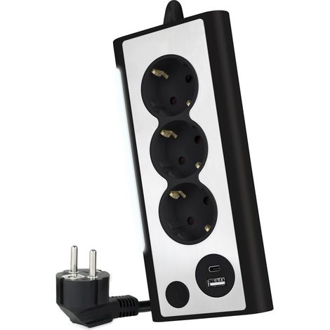 Multiprise de Bureau Noire avec 3 Prises de Courant et 2 Ports USB, idéale pour Charger des appareils et connecter des équipements électroniques.