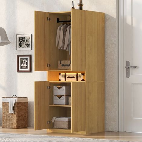 Armoire 70 × 55 × 180 cm, avec compartiments éclairés, éclairage LED, grand espace de rangement et penderie, armoire simple, couleur bois (1/5)