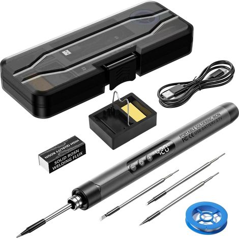 Kit de fer à souder sans fil, rechargeable par USB, avec écran LCD, température réglable de 260 à 420 °C, 3 pannes, fil à souder, kit de soudure pour réparation et bricolage. (1/5)