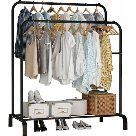 Porte Manteau Portant Vêtements Penderie Cintre Tiges Double avec étagère de Rangement Chaussures Noir 11054150 cm