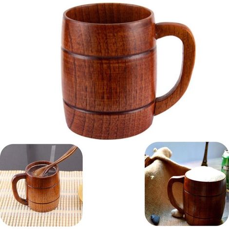 Gobelet en bois 330 ml avec poignée - tasse à eau, café et bière incassable pour cuisine, brun (1/5)