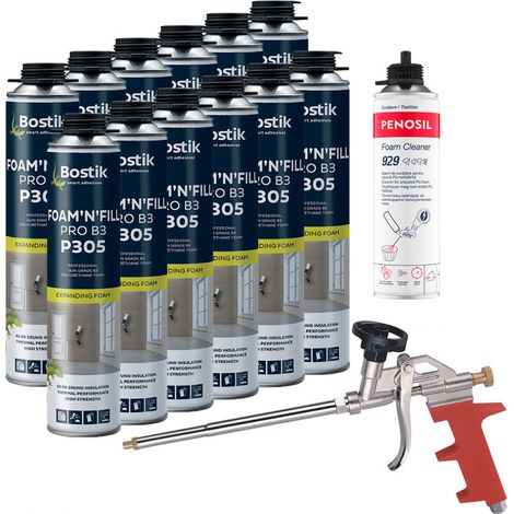 BOSTIK Pack 12 Mousses PU P305 Foam'n'Fill Pro B3 pistolable 750ml + Nettoyant FoamCleaner 929 500ml Penosil + Pistolet