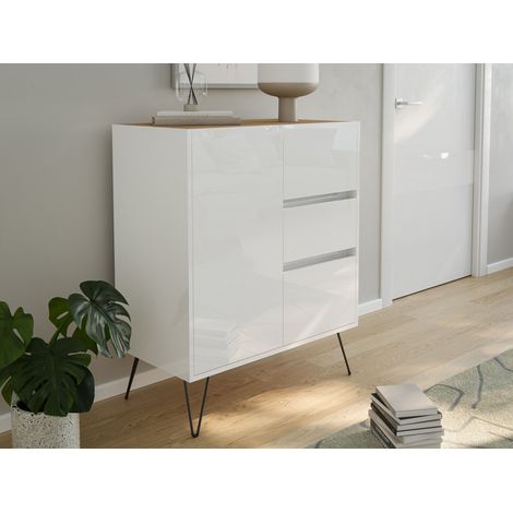 Design Sideboard Kommode Rauk 80cm 3 Greifraum SoftClose 1 Tür Weiß/Eiche Top (1/5)