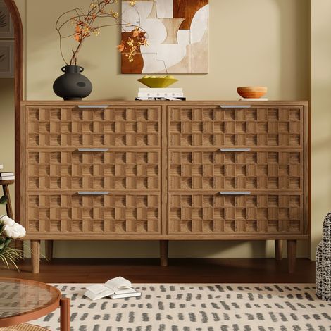 Cómoda 120 x 37 x 77 cm de MDF efecto roble, 6 cajones, tiradores metálicos DESVIAE (1/5)