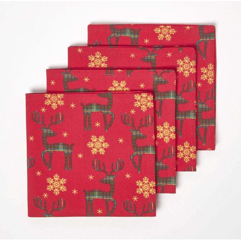HOMESCAPES Red Reindeer Christmas Napkins, Set of 4