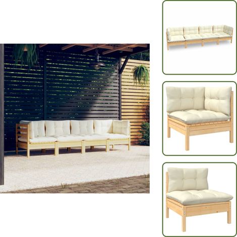 4-tlg. Garten-Lounge-Set mit Creme Kissen Massivholz Kiefer - Garten Lounge Set - Kiefernholzmöbel - Outdoor Möbel - Gartenzubehör - Loungemöbel (1/5)