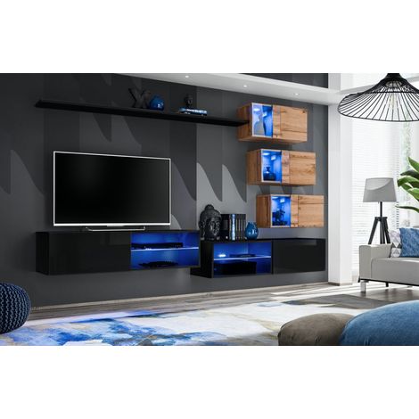 Ensemble meuble TV mural Switch XXIV - L 260 x P 40 x H 170 cm - Noir et marron - Livraison gratuite