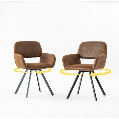 URBAN MEUBLE Lot de 2 chaises de bureau vintage en daim marron rétro, pieds en métal, rotation à 360° (1/5)