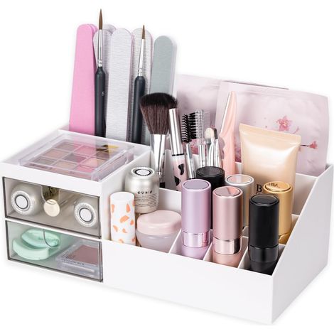 Organisateur de maquillage avec petits tiroirs, Blanc rangement make up pour coiffeuse, salle de bain, bureau