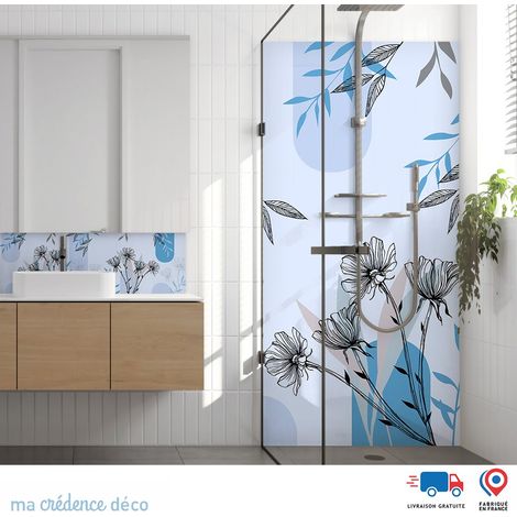 Panneau de douche : Fleurs graphiques - Couleur Bleu clair - Alu composite - 90 - 245 (1/3)