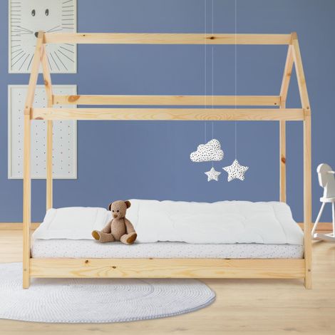 ML-Design Lit Cabane Enfant 80x160 cm avec Toit et Sommier à Lattes, Naturel en Bois Massif, Couchage au Sol Maisonnette pour Fille Garçon Adolescent Chambre à Coucher, Structure Style Maison (1/5)