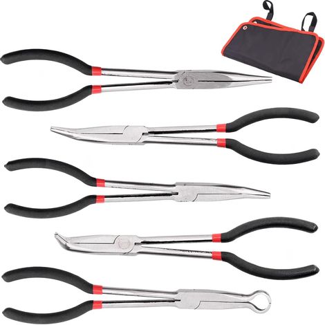 Lot de 5 pinces à bec aiguille de précision de 27,9 cm Pince longue portée Outil de réparation Droit, 25, 45, angle de 90 degrés, pince circulaire longue portée, parfaite pour carrosserie (1/5)