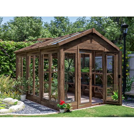 Growzilla Wooden Greenhouse W2.4m x D3.6m / W8' x D12' with 4mm Glass and Automatic Vent Opener Dunster House (1/5)