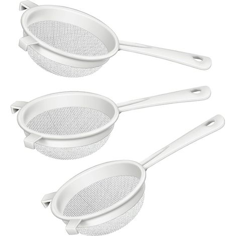 Passoire en nylon et plastique 3 pièces avec poignée, double oreille, maille fine, tamis à farine pour la pâtisserie, la cuisine, le thé, les sauces et les pâtes. (1/5)