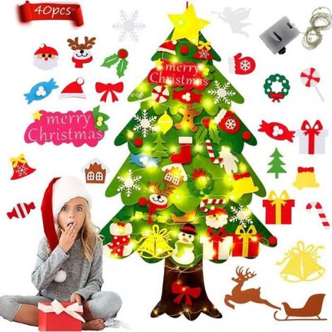 1 Arbre de Noël en feutre, 39 ornements détachables, 2 guirlandes LED, décoration murale pour enfants (1/4)