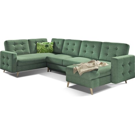 Canapé d'angle panoramique convertible HASGARD U 326 cm vert avec coffre