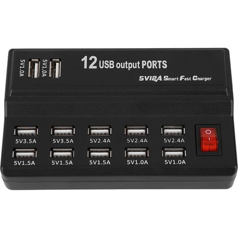 Hub USB 12 ports, adaptateur secteur 5 V 12 A, station de charge, chargeur pour la maison et les voyages (type US)