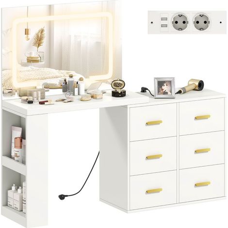 Coiffeuse Blanche LED avec Miroir Réglable, 6 Tiroirs, 2 Étagères et Prises Électriques pour Maquillage et Rangement (1/5)