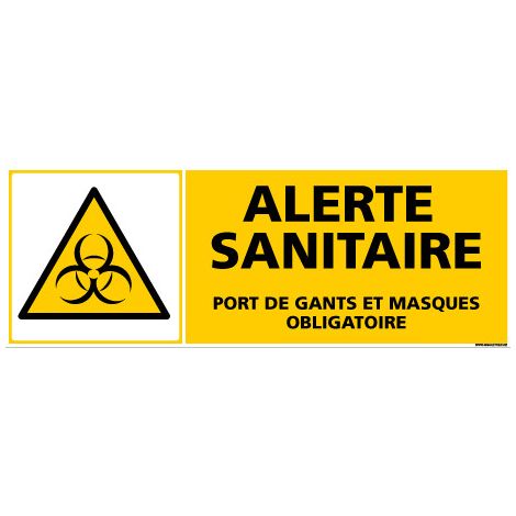 PANNEAU ALERTE SANITAIRE - PORT DE GANTS ET MASQUES OBLIGATOIRE (C1510) - Plastique PVC 1,5 mm - 210 x 75 mm