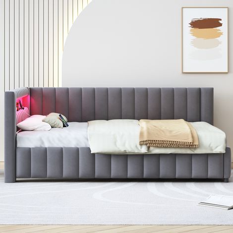 Canapé-lit 140x200cm - velours - design en L - LED multicolore - port USB - charge 200kg - gris (1/5)