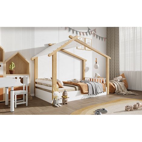 Lit enfant en bois, lit simple, design exquis de maison en bois, sommiers à lattes stables, design épuré, pin + panneau de particules + MDF, blanc+naturel, 90x190cm (1/5)