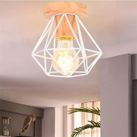 U-Do Plafonnier Créatif Lampe Cage en Fer Bois E27 Lustre de Plafonde Luminaire Blanc design Vintage pour Salon Cuisine Bureau (1/4)