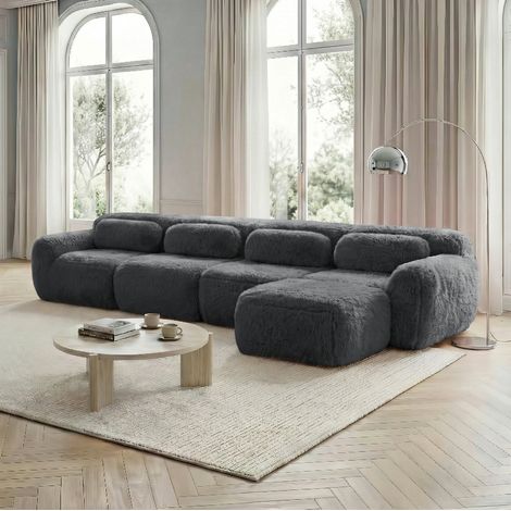 REDOM - Sofá modular de esquina de 4 plazas, tejido de felpa premium, sin montaje, con cojines, gris (1/5)