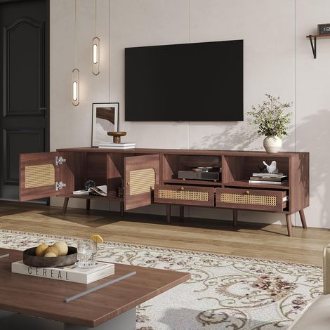Meuble TV avec 2 Portes et 2 Tiroirs, Style Rétro Naturel en Rotin Tressé, Panneau de Particules, 200x37x49,5 cm - Brun (1/5)